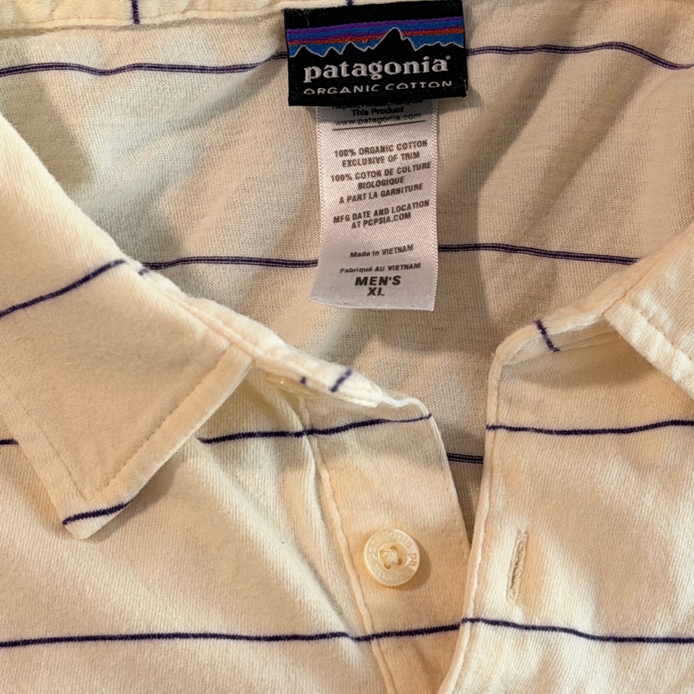 Amazingly soft Patagonia Organic Cotton Cream Shirt with Blue Stripes